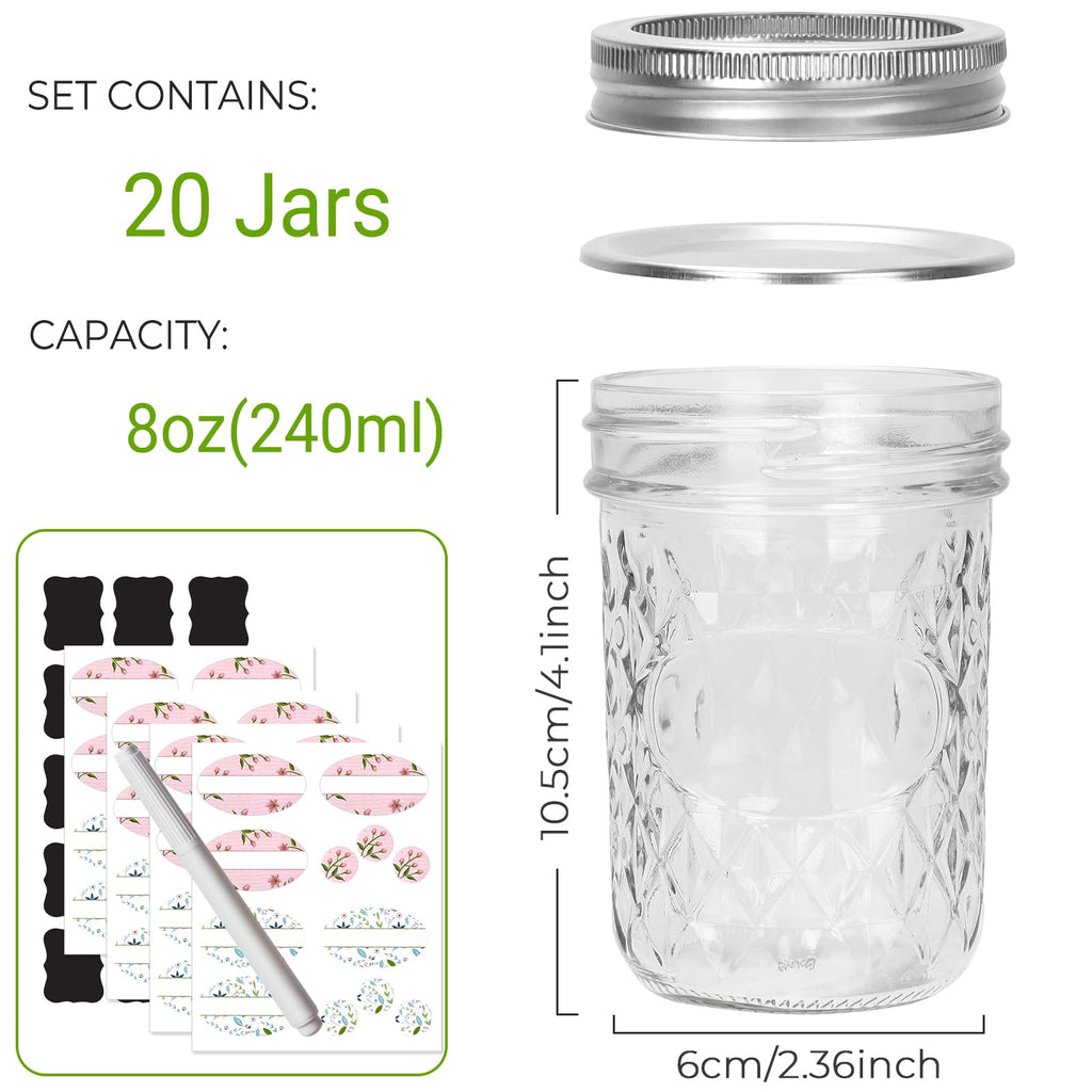 Keketin 8 oz Mason Jars with Airtight Lids,20 Pack Regular Mouth Glass Canning Jars,240ml Glass Mason Jar Diamond Jelly Jars for Honey,Jam Preserving,Fruits Salad,Baby Foods,Party Favors