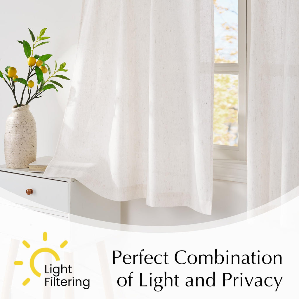 NICETOWN Pinch Pleated Linen Kitchen Curtains 24 Inches Long, 2 Panels Set Natural French Rustic Light Filtering Short Curtains for Cafe Bar Living Room Bedroom Window, 40" W x 24" L