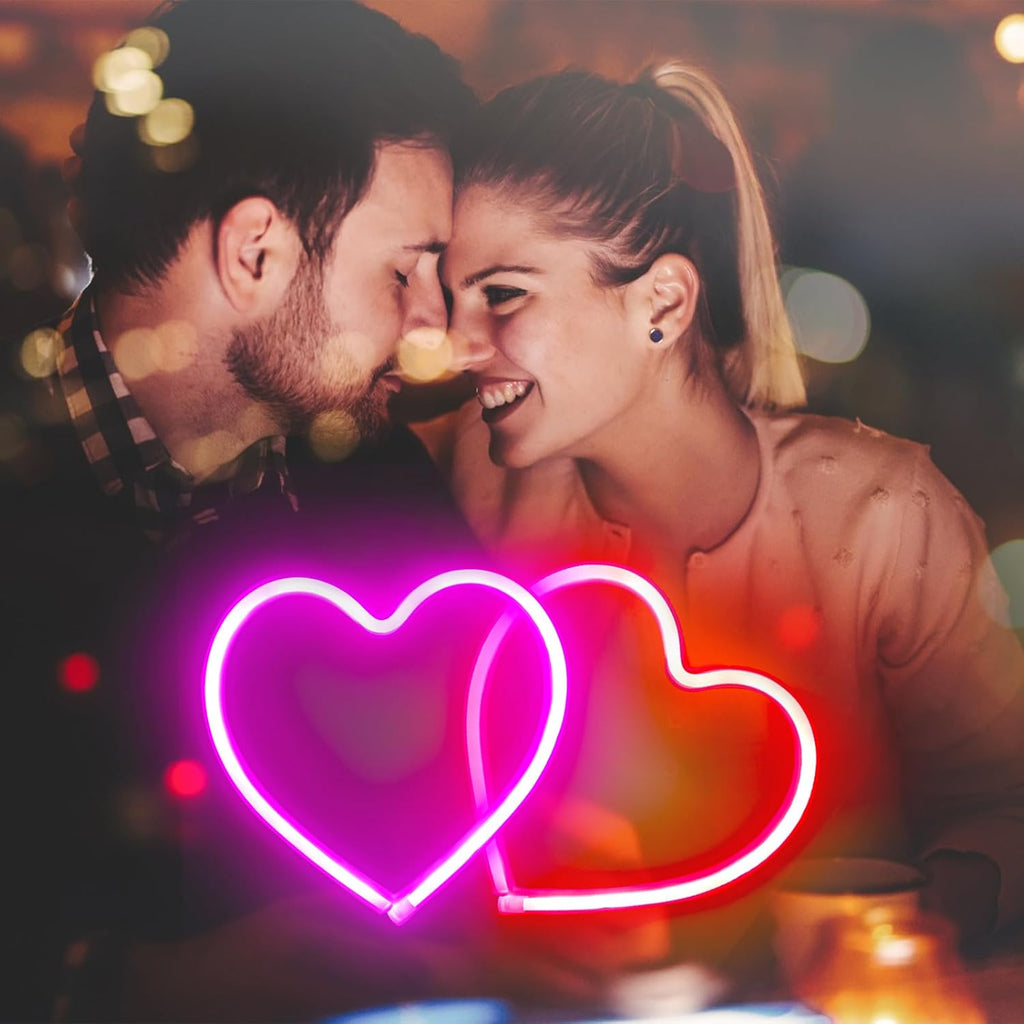Skiennix Neon Heart Sign - 2-Pack Battery Operated or USB Powered | Perfect for Valentine's Day & Room Decor (Pink & Red)