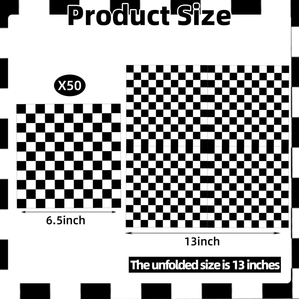 50 Count Black and White Checkered Paper Napkins, Disposable Cocktail Napkins with Racing Theme Checkerboard Design for Race Car Party, Birthday, Baby Shower, and Speed-Themed Table Decorations