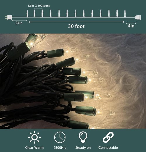 HISHINY Christmas Lights - 100 Count Clear String Lights with Green Wire | 32 Feet for Indoor & Outdoor Decor