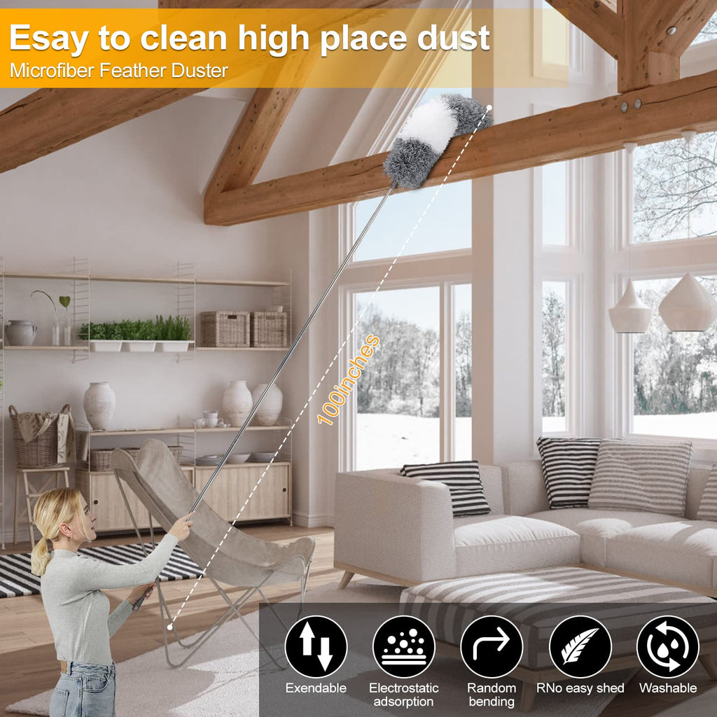 DEEHYO Microfiber Duster for Cleaning Fan, High Ceiling, Blinds, Furniture, Cars , 9PCS Extendable Feather Duster (Stainless Steel) 30 to 100 Inches, Reusable Bendable Washable