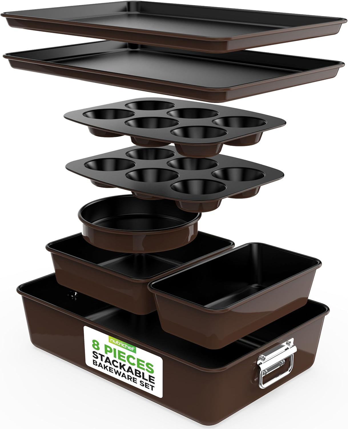 NutriChef 8-Piece Nonstick Bakeware Set - Non-Toxic Carbon Steel Trays for Easy Baking & Cleanup - Brown