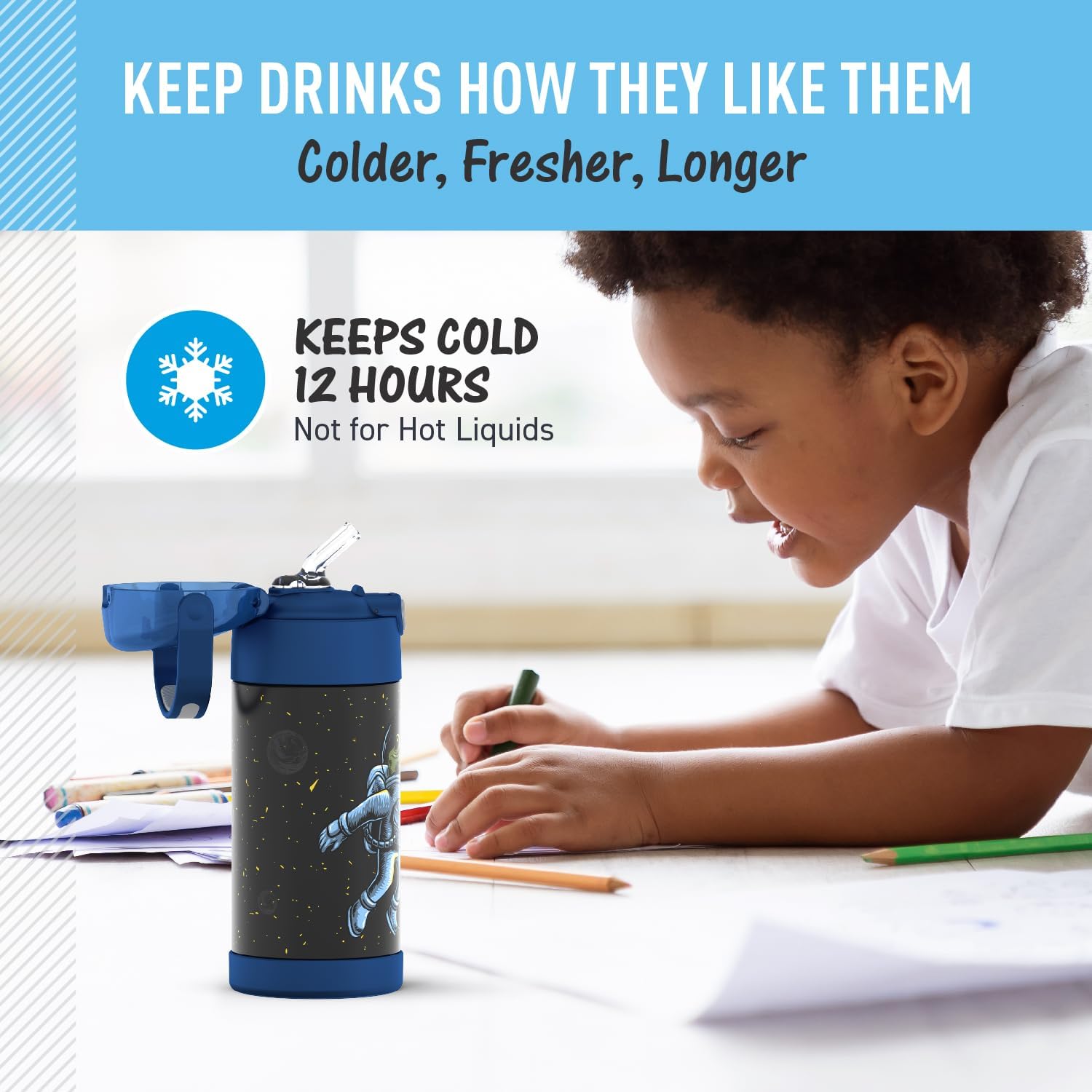 THERMOS FUNTAINER Water Bottle - 12 Ounce Kids Stainless Steel Vacuum Insulated with Straw | Space Frog Design