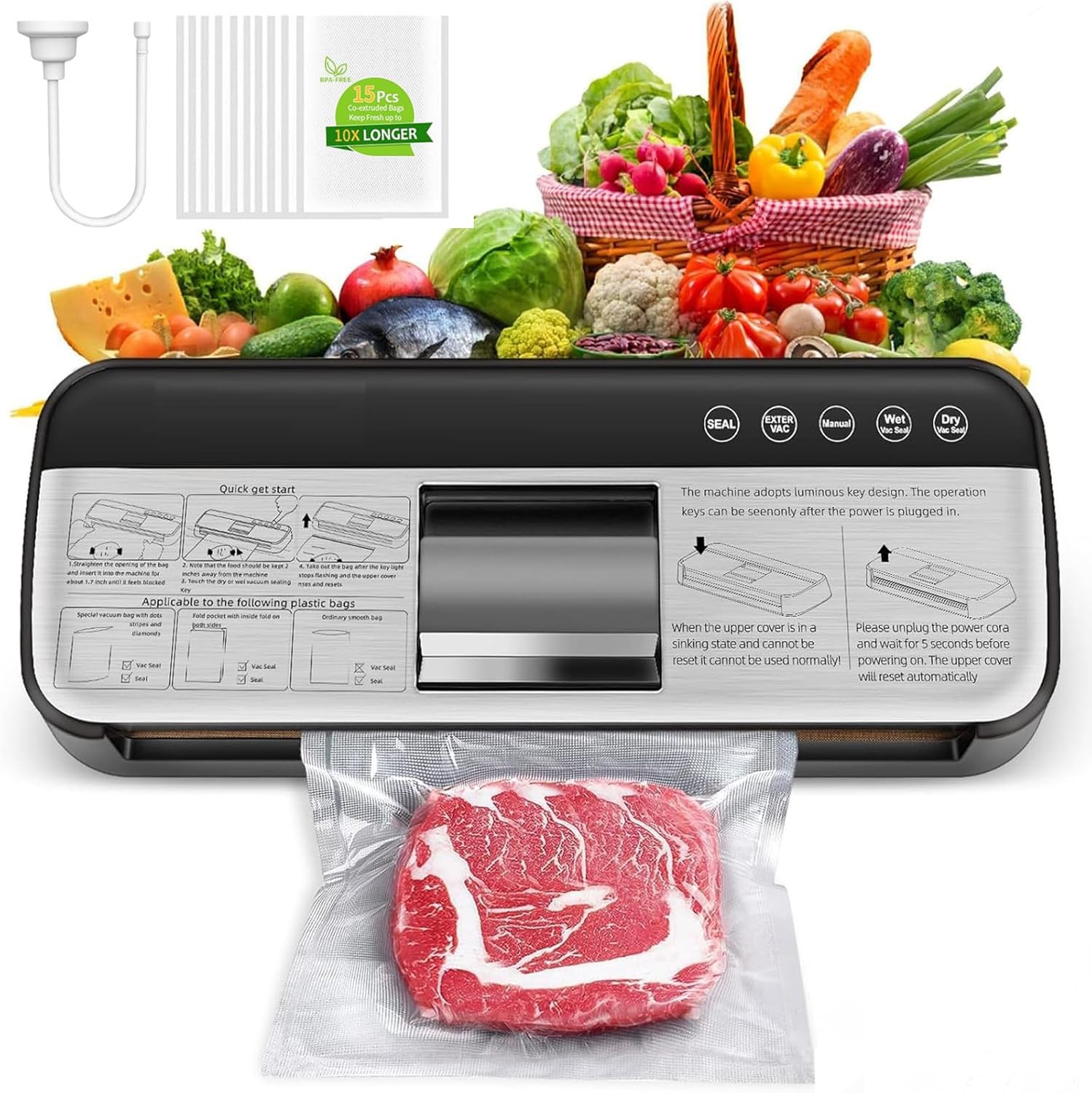 85KPa Vacuum Sealer Machine, One-Touch Automatic Food Sealer with 15 Bags, Dry/Moist/Seal/Manual/External Vac, 7MM Heating wire, Compact Easy-Clean for Food Storage and Sous Vide