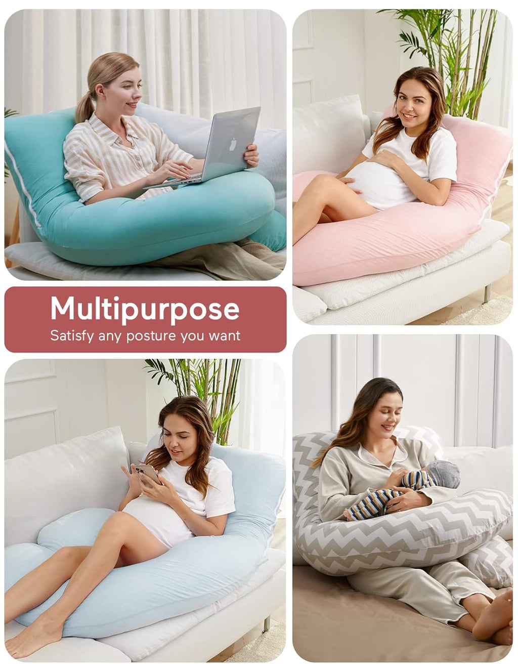 Momcozy U Shaped Pregnancy Pillow - 57 Inch Full Body Maternity Support with Removable Cotton Cover | Hatha Grey