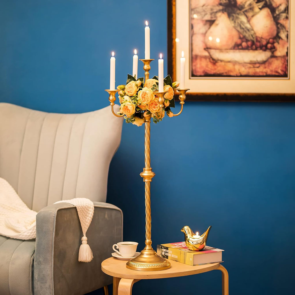 Sziqiqi Gold Floor Candelabra | Tall 5-Arm Candle Holder for Elegant Centerpieces