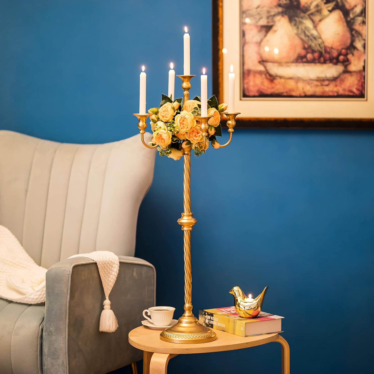 Sziqiqi Gold Floor Candelabra | Tall 5-Arm Candle Holder for Elegant Centerpieces