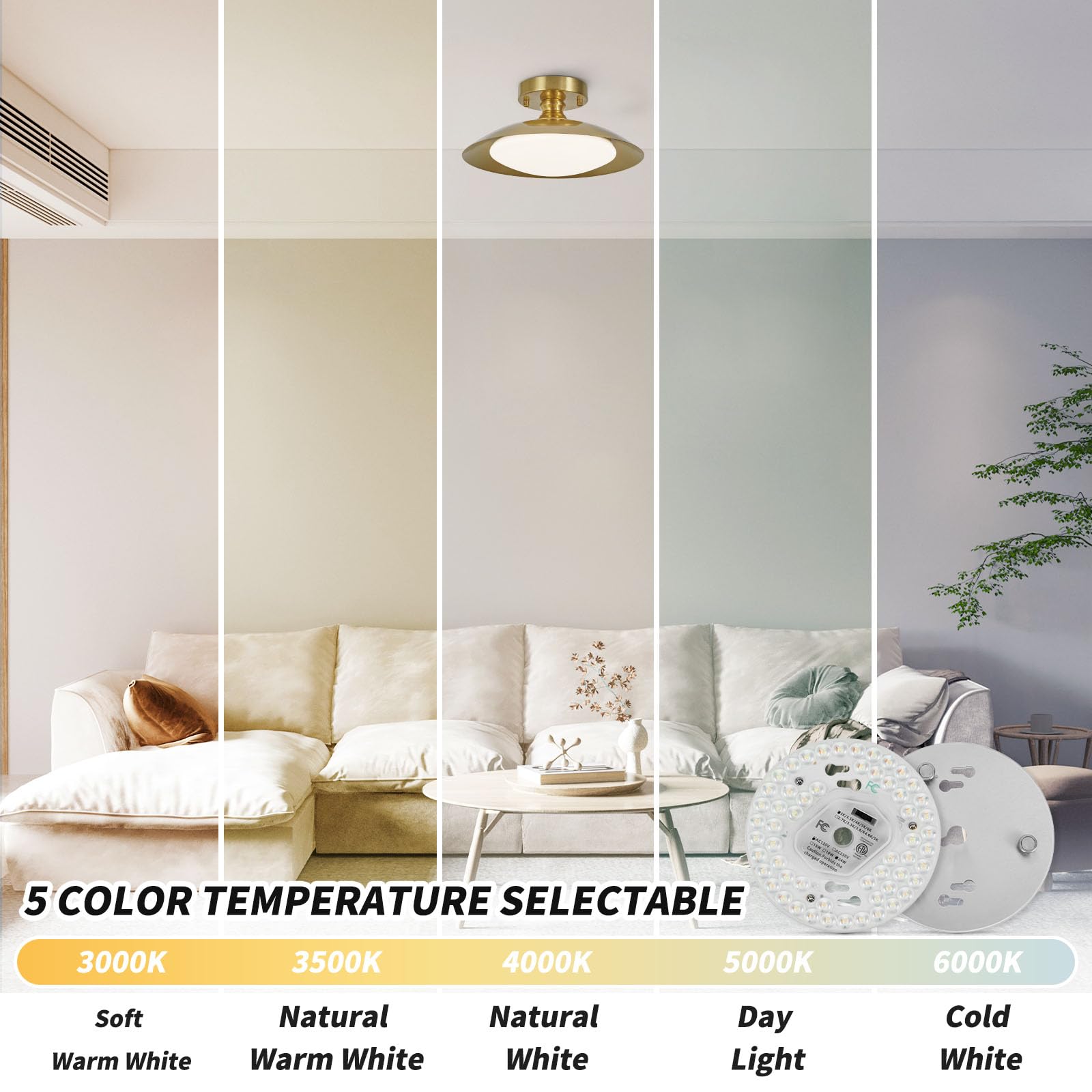 SHENGQINGTOP 5.12'' LED Ceiling Fan Light Retrofit Kit 24W 2200LM Ceiling Light Replacement PCB Board 5CCT 3000K 3500K 4000K 5000K 6000K Adjustable 120V CRI80 Dimmable