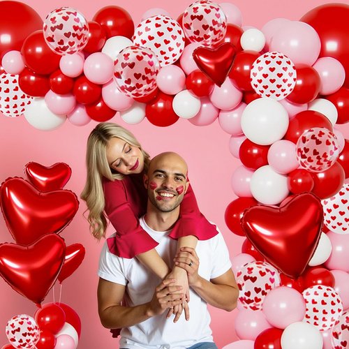 Valentines Day Balloon Arch Garland Kit, 138pcs Pink White Confetti Heart Balloons I LOVE YOU Foil Balloons for Valentine's Day Decorations Wedding Engagement Anniversary Party Supplies