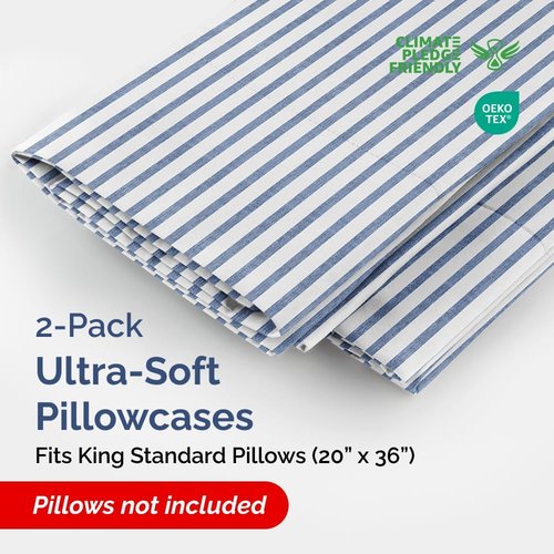 King Standard Pillow Cases - Ultra-Soft Hotel Quality Covers | Fade-Free & Wrinkle Resistant - Blue Stripes - Set of 2