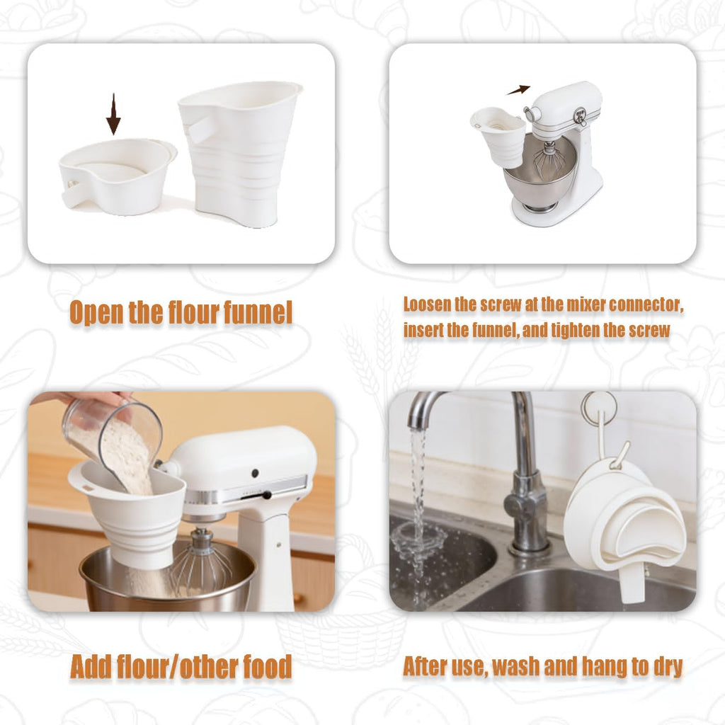 Flour Funnel for Kitchen Aid Mixer, Silicone Funnel with Spatula and Flour Brush, Anti-Splash Attachment for Kitchen Aid Artisan KSM150 5-Quart Tilt-Head Mixer, No-Mess Pouring Baking Tool (White)