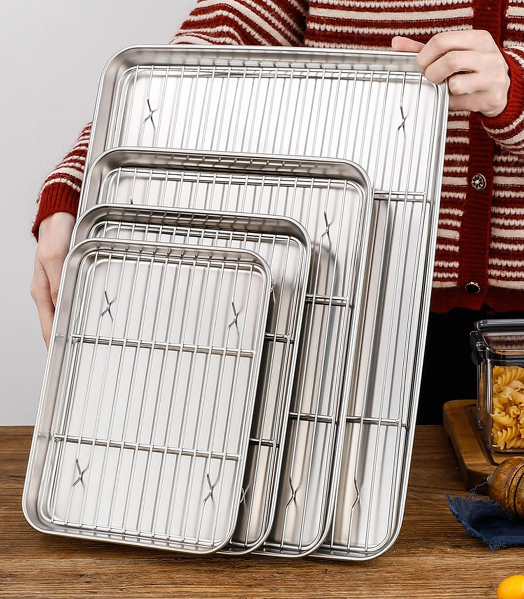 Skiennix Extra Small Serving Trays Set - Stainless Steel 304 Baking Sheet Pans with Cooling Racks | 9.3 x 6.9 Inch, Dishwasher Safe for 1-2 Persons