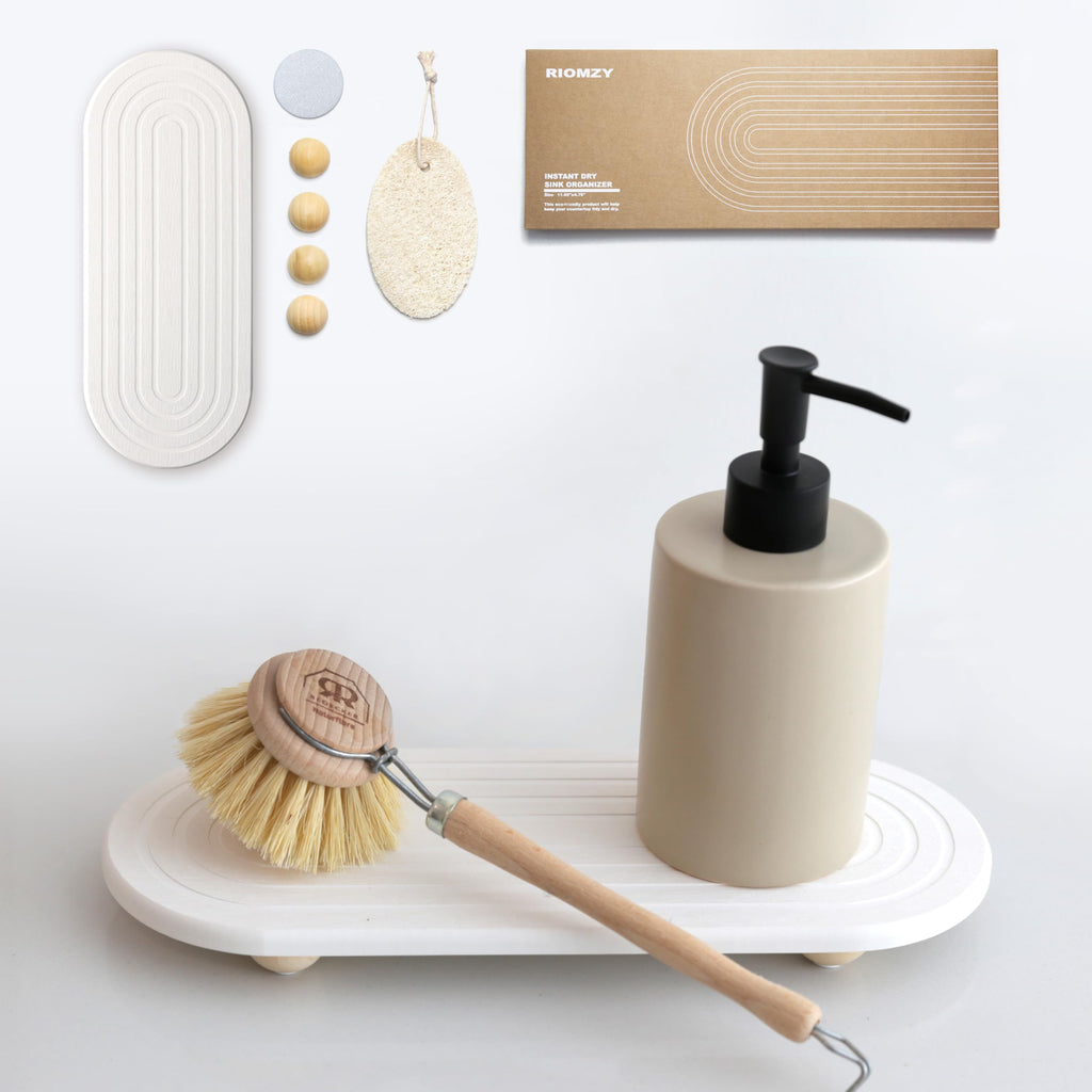RIOMZY Instant Dry Sink Caddy Organizer – Water Absorbing Stone Tray for Kitchen Bathroom Countertop, Fast Drying Sink Caddy (with Wooden Feet and Natural Loofah, White)