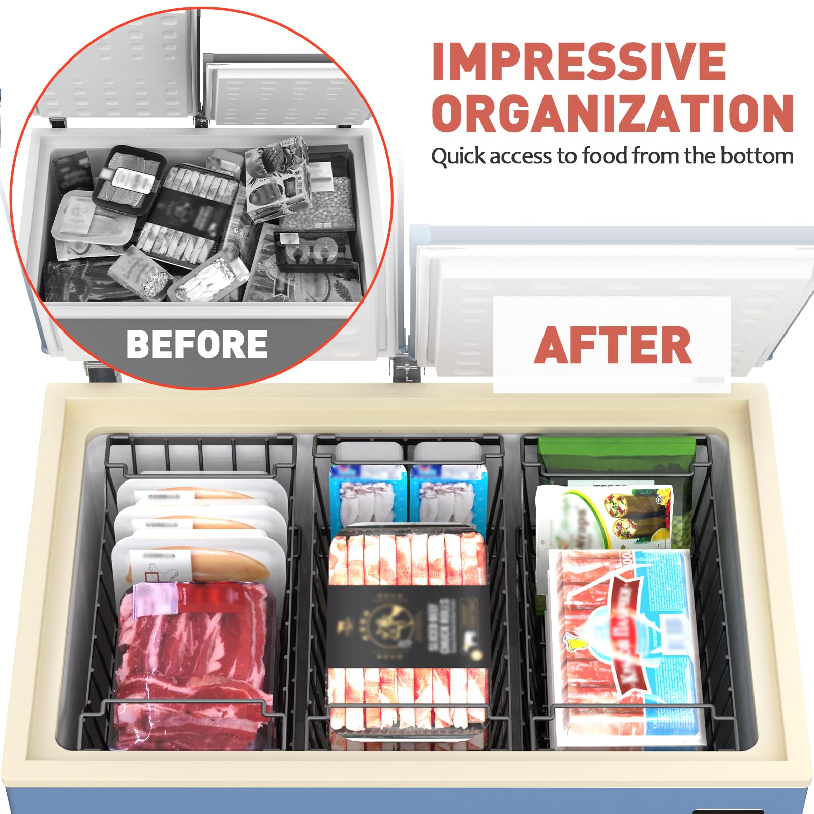 Goovilla Freezer Organizer Bins with Foldable Handle, 4 Pack Stackable Freezer Baskets for 3.5-7 Cu.FT Deep Chest Freezer Organization, Coated Metal Freezer Storage Bins with Better Space Utilization
