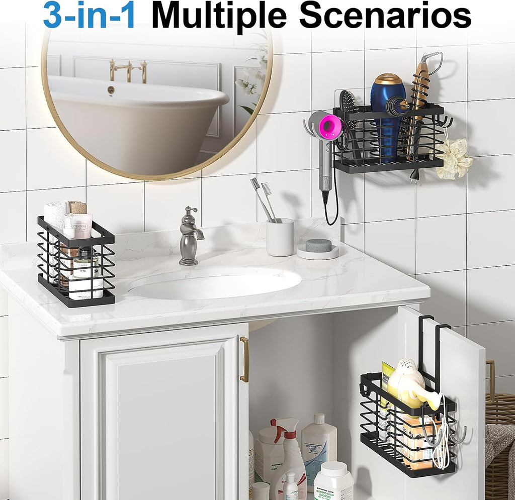 Sevenblue Hair Tool Organizer - 2026 Upgraded 3-in-1 Universal Hair Dryer Holder | Adjustable Height, Black
