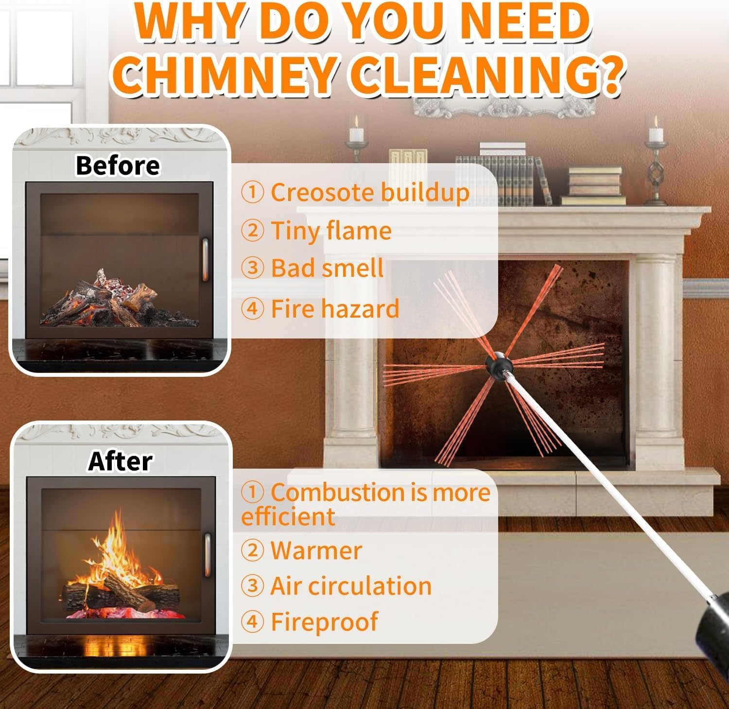 Sealegend Chimney Sweep Kit - 30 Feet Rotary Cleaning System with 9 Flexible Nylon Rods