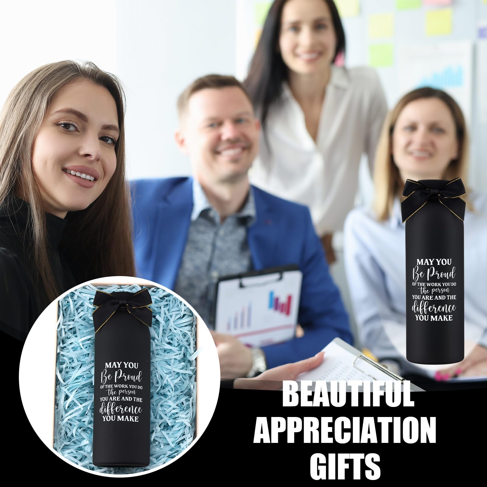 Teecyhooo 10 Pcs Employee Appreciation Gifts Thank You Water Bottle Bulk 17 oz Stainless Steel Frosted Inspirational Team Bottle with Box for Teacher Nurse Staff Christmas Gifts(Black,Appreciation)