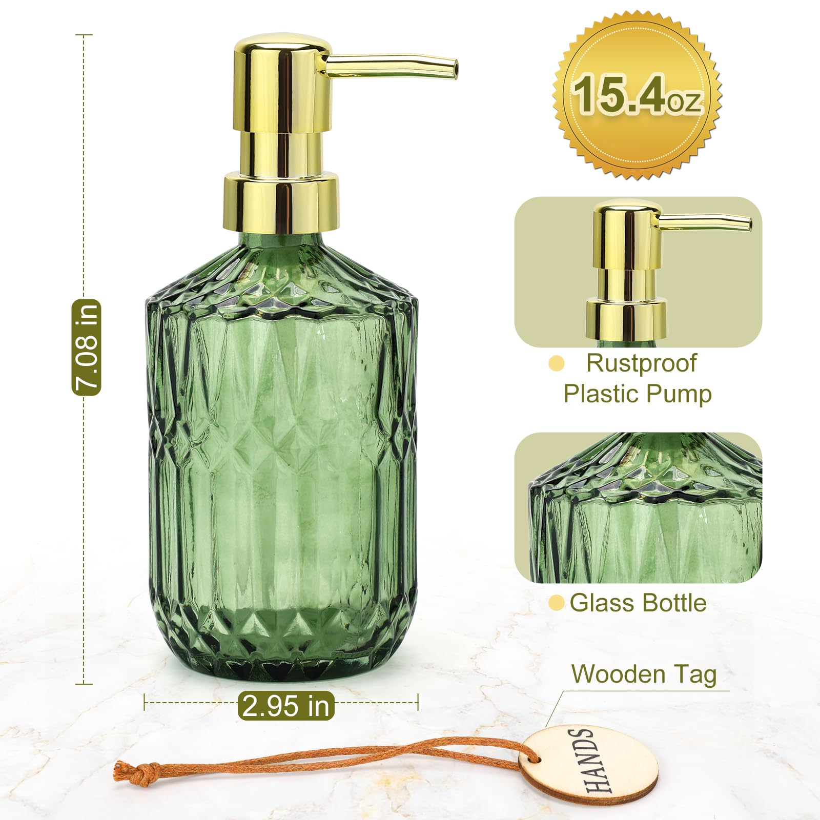 Ritrsvey Green Glass Soap Dispenser (15.4 Oz, 2 Pack), Kitchen Hand and Dish Soap Dispenser Set with Golden Rust Proof Pump, Vintage Bathroom Hand Soap Lotion Dispensers