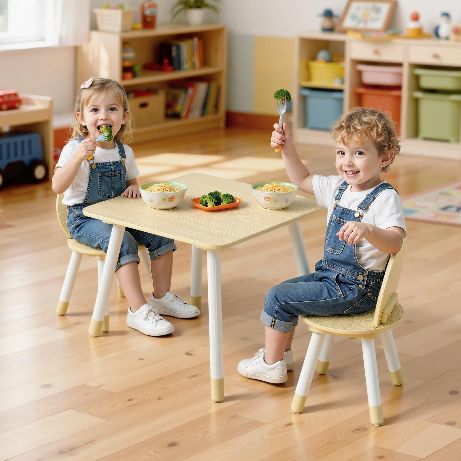 VEVOR Kids Table and 2 Chairs Set, Toddler Table and Chair Set with Rounded Edge Design & Graffiti Desktop, Wooden Desk for Art, Craft, Reading, Learning, Drawing, Classroom/Daycare/Home, Burlywood