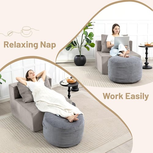 Manyday Round Stuffed Pouf Ottoman,Corduroy Foot Rest with Rebound Foam Filled, Furry and Fluffy Foot Stool Ottoman, Floor Poufs for Living Room (Gray, 20" D x 20" W x 15" H)