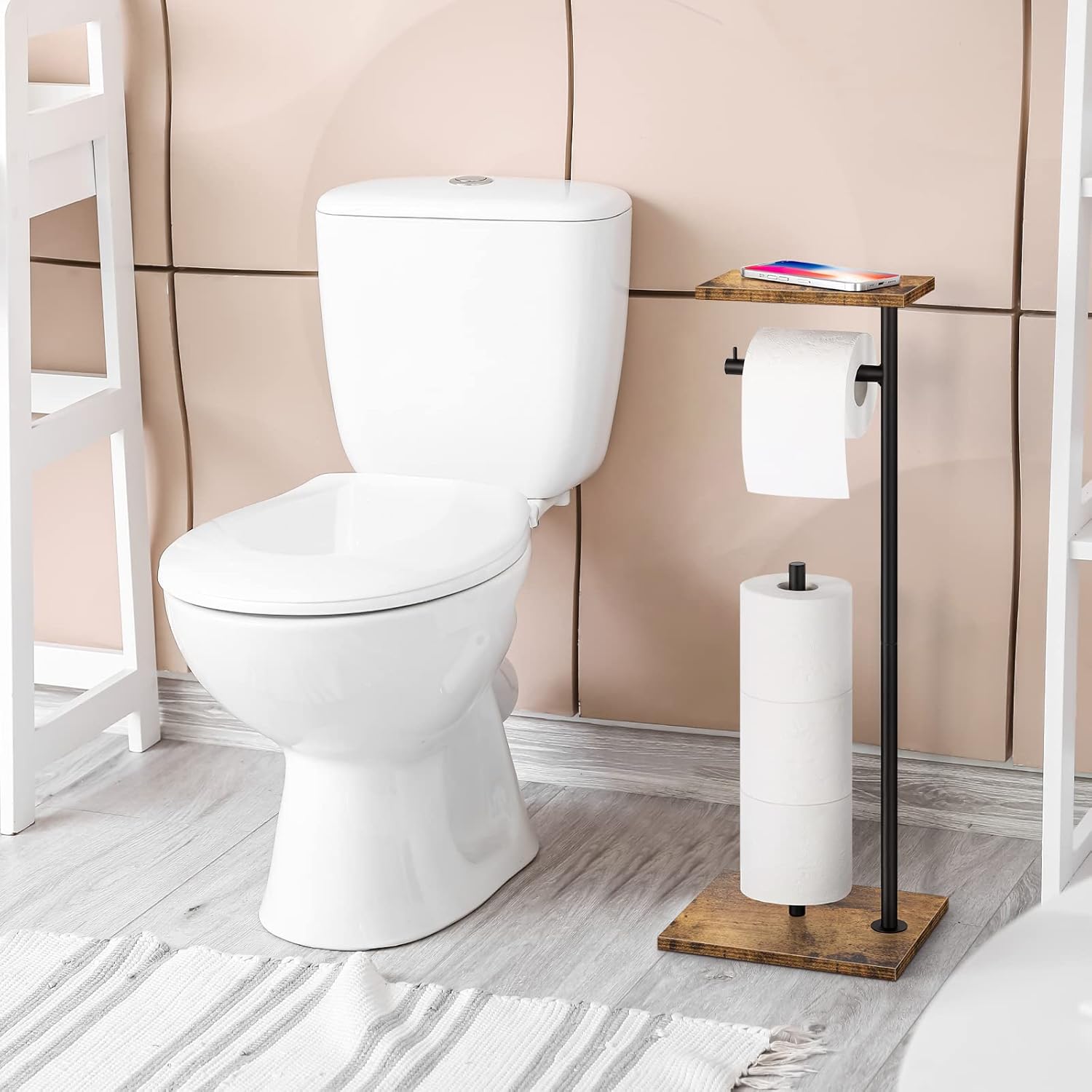 Rustic Brown Farmhouse Toilet Paper Dispenser - Free-Standing Holder with Shelf for Bathroom Storage