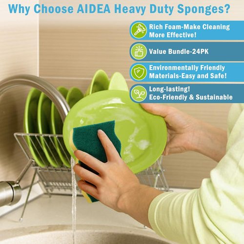 AIDEA Heavy Duty Dish Sponges - 24 Pack Stink-Free Cleaning Scrubber for Home & Kitchen