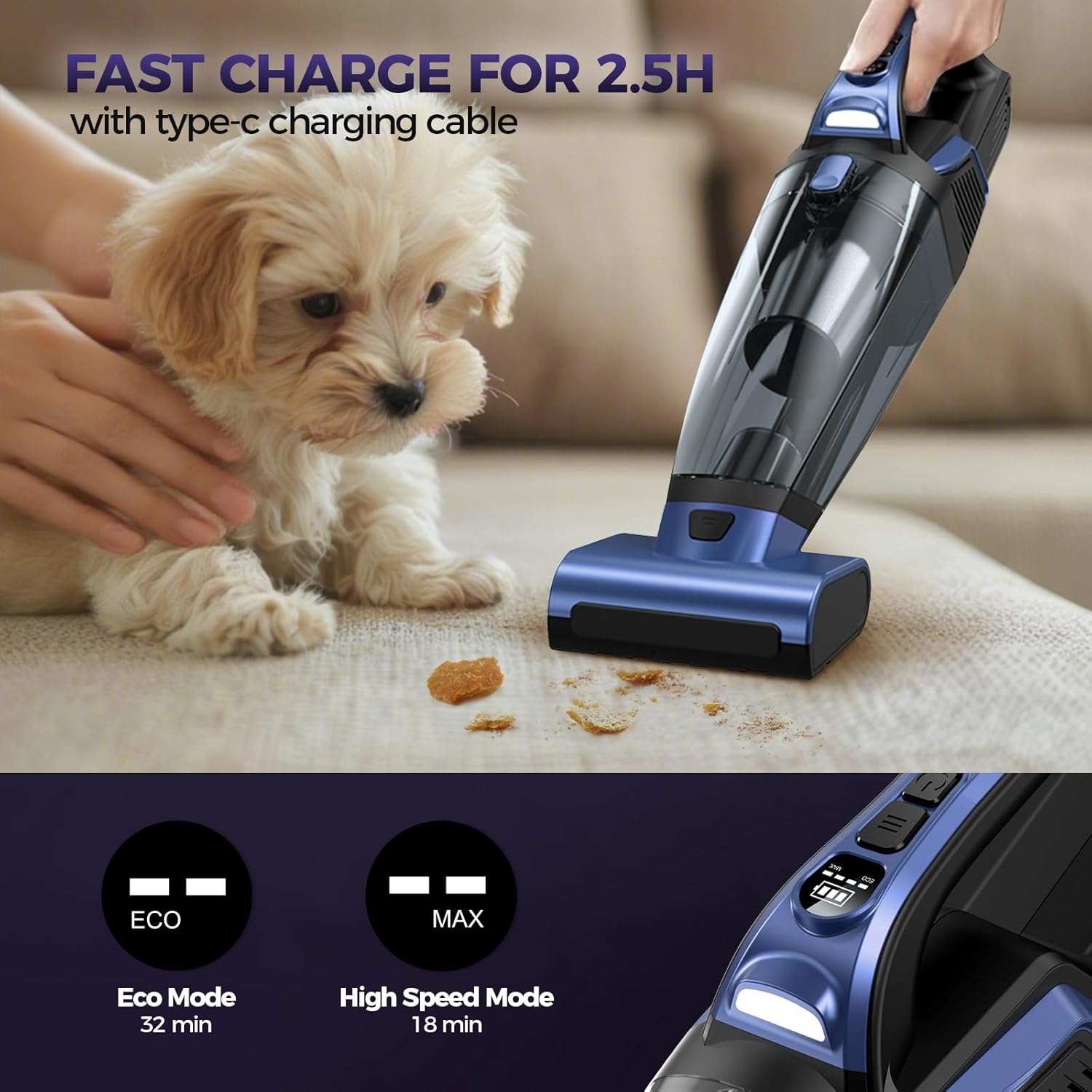 Skiennix Pet Hair Handheld Vacuum - 20000PA High Power Cordless Cleaner with LED Light | Rechargeable & Reusable Filter - Blue
