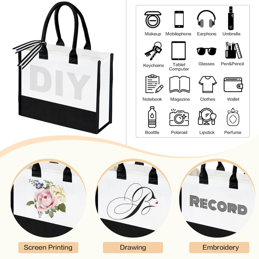FODIENS 12 Pack Canvas Tote Bag for Women, Personalized Blank Beach Bag with 26PCS A-Z Initial Heat Transfer Letters Film, DIY Monogrammed Gift Tote Bags Bulk for Mom Teachers Friends Bridesmaids