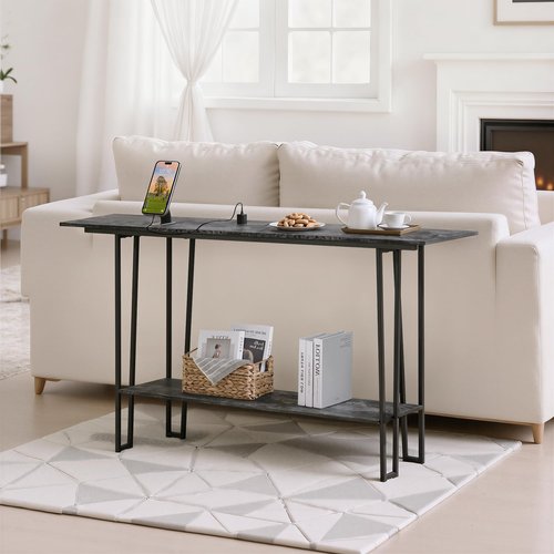 VECELO 55.1" Console Table,Industrial Couch Side Table with Charging Station,TV Stand,Furnitures with Sturdy Metal Frame,2 Tier Storage Shelves for Sofa Side,Entryway, Living Room,Grey