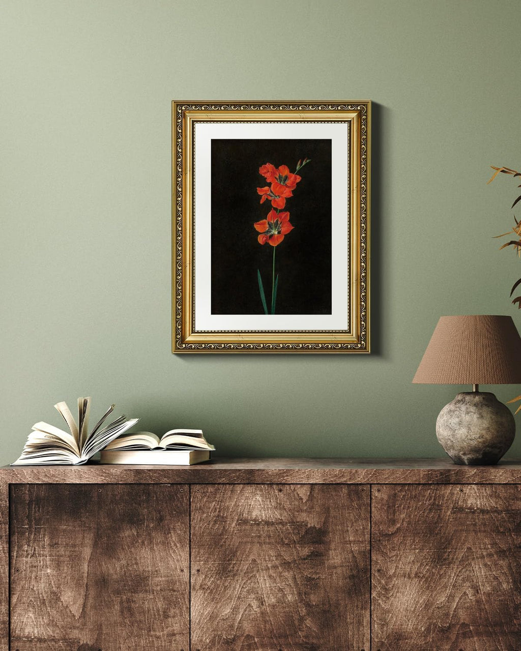 VIYYIEA Gold Framed Canvas Print - Red Flower Wall Art on Black Background | Aesthetic Home Decor 11x14in