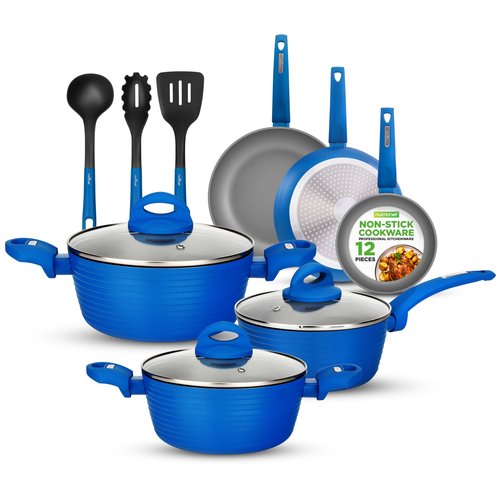 NutriChef 12-Pc Blue Nonstick Cookware Set - Professional Pots & Pans with Durable Coating, All Cooktops Compatible, Including Induction