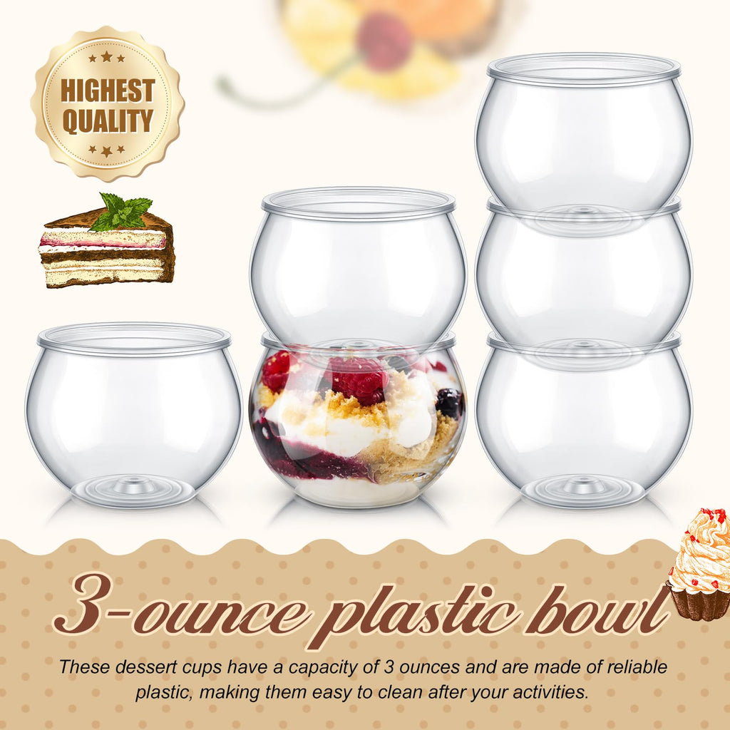 Newtay 150 Pcs 3 oz Sphere Plastic Dessert Cups for Party Small Clear Parfait Appetizer Cups Mini Round Dessert Bowl Disposable Ice Cream Salad Fish Bowl for Serving Wedding Event Birthday Party Cake