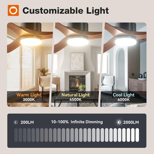 addlon 52 inch Ceiling Fans with Lights and Remote, 3 Wood Blades, Reversible, 6 Speeds, 3CCT Dimmable, Noiseless, DC Motor Indoor/Outdoor Black Walnut Ceiling Fan for Bedroom Living Room Gazebo Patio