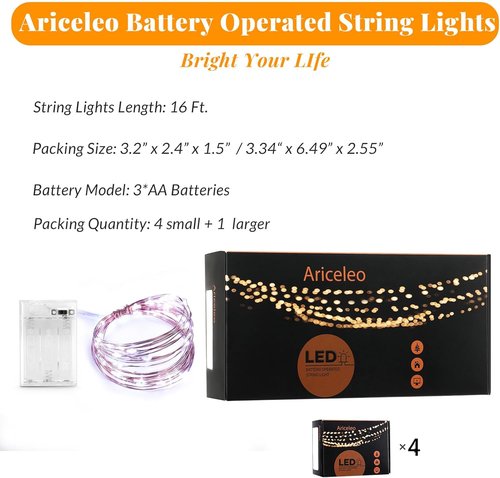 Ariceleo LED Fairy Lights - Battery Operated Copper Wire String Lights | 4 Packs, 5m/16ft Cool White for Bedroom & Events