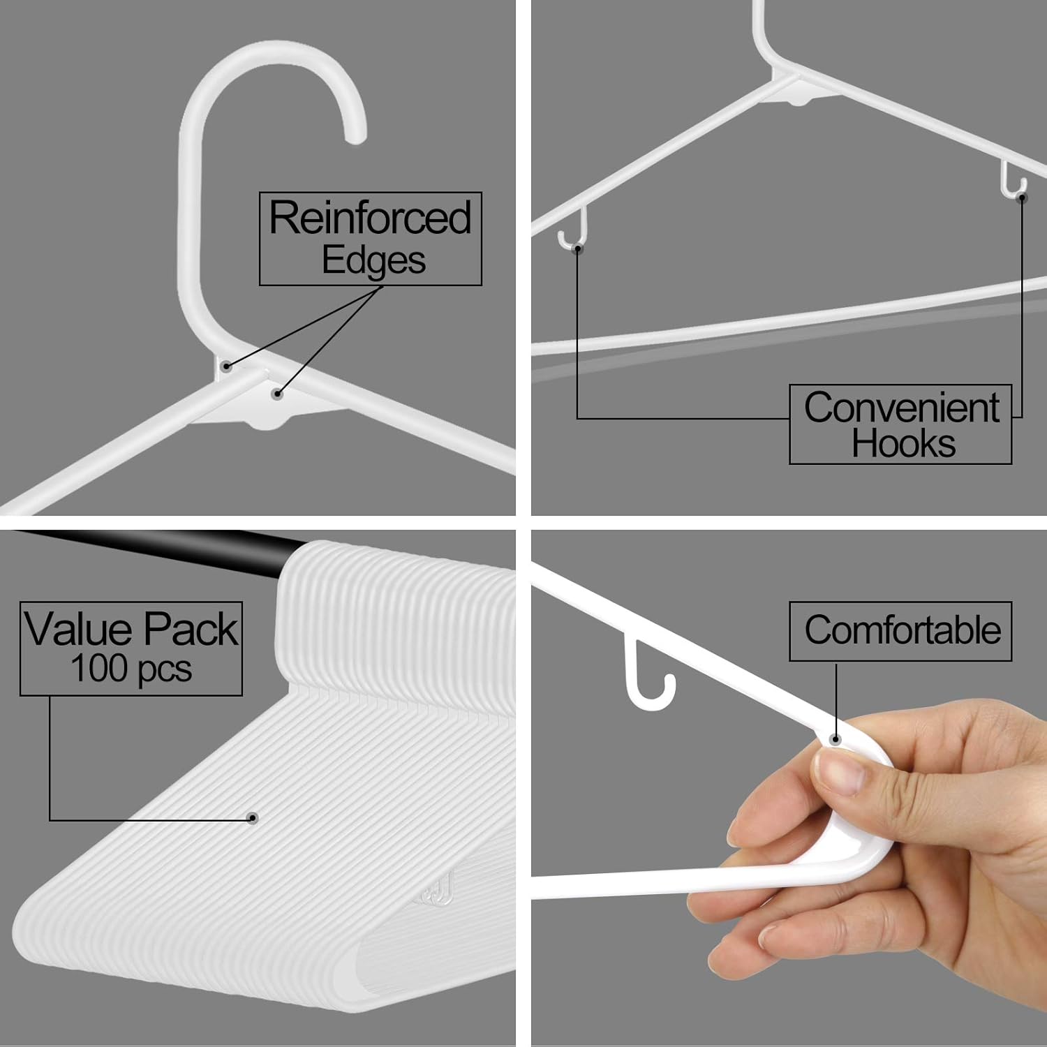 ZENY 100-Pack White Plastic Hangers - Space-Saving, Durable Clothes Hangers for Organizing Your Wardrobe