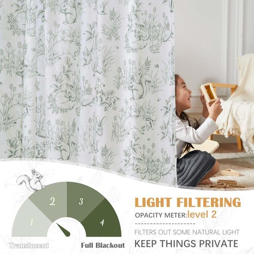 Vangao Easter Sage Green Nursery Curtains for Kids Room Linen Curtains 72 Inch Long Farmhouse Drapes with Bunny Woodland Wildlife Print Light Filtering French Country Forest 2 Panels