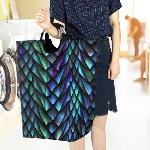 visesunny Collapsible Laundry Basket Cool Dragon Scale 3D Print Large Laundry Hamper Oxford Fabric Dirty Clothes Toy Organizer with Handle For Bathroom Bedroom Kids Room Dorm