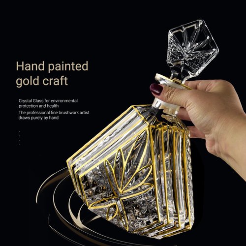 Hand-painted Gold Decanter Set for Men - Whiskey Decanter, Wine Aerator, and 2 Glasses, Liquor Bottles, Bourbon and Tequila Decanter,crystal decanter and 2 old fashioned glass