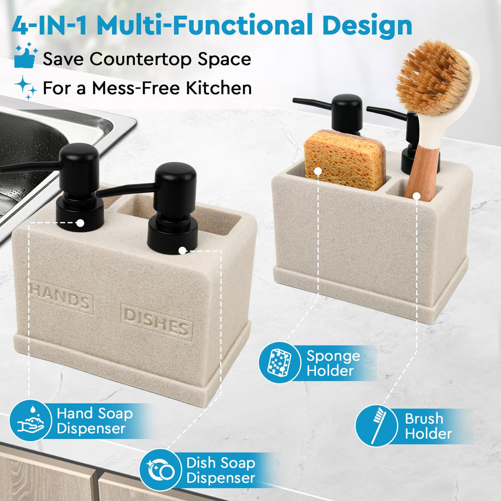 Hand and Dish Soap Dispenser Set for Kitchen Sink,Dual Soap Dispenser with Sponge Caddy and Brush Holder 4-in-1 Countertop Organizer for Kitchen Bathroom,Useful Kitchen Gadgets-Beige
