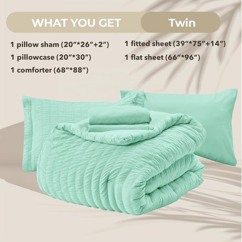 HYMOKEGE Twin Comforter Set - Mint Green Seersucker 5-Piece Luxury Bedding Set for All Seasons