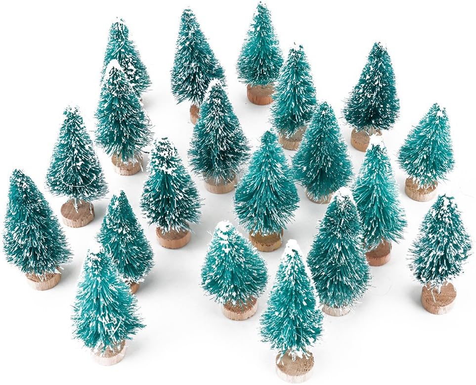 Skiennix Artificial Mini Sisal Christmas Trees - Snow Frosted with Wooden Bases | 20 Pcs in Blue-Green for Home Decor