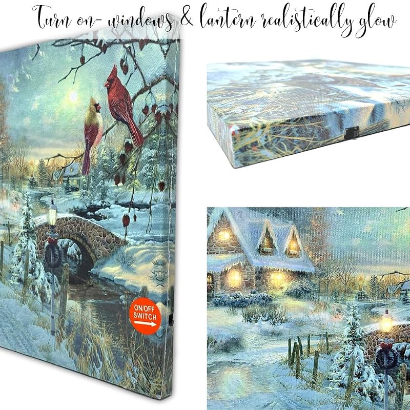 LED Wall Art - Snowy Cottage Scene with Cardinal birds, Snowman & Bridge (Variation 1) 11.75" x 15.75"