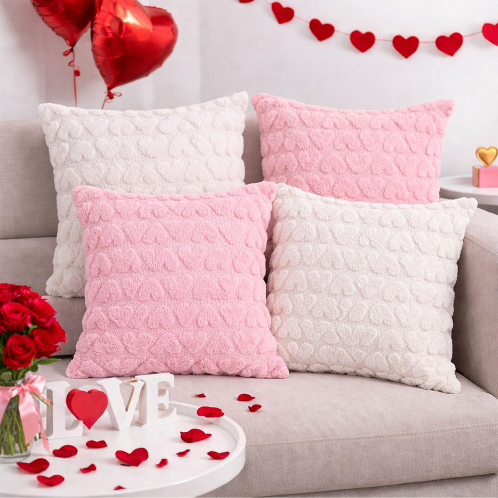 Valentines Day Throw Pillow Covers 18×18 Set of 4 – Heart Pattern Decorative Cushion Case, Soft Plush Textured Accent Pillow Covers for Living Room Sofa Bed Couch Bedroom Home Decor, Pink and White