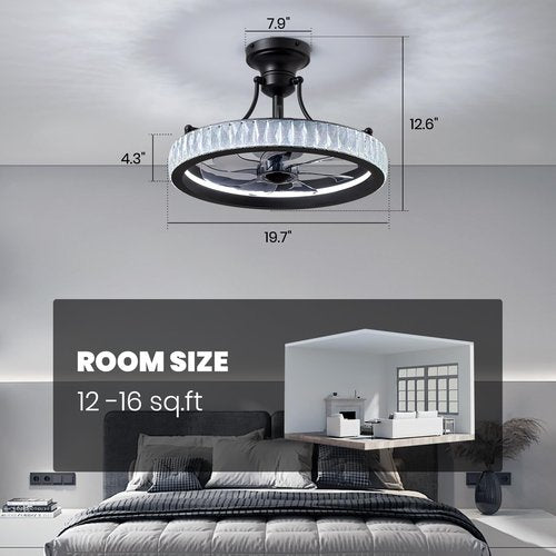 CROSSIO 20" Crystal Chandelier Black Ceiling Fan with Light Fandelier Ceiling Fan with Light Modern Chandelier Fan 6 Wind Speeds LED Fandelier with APP&Remote Control for Bedroom Living Room Kitchen