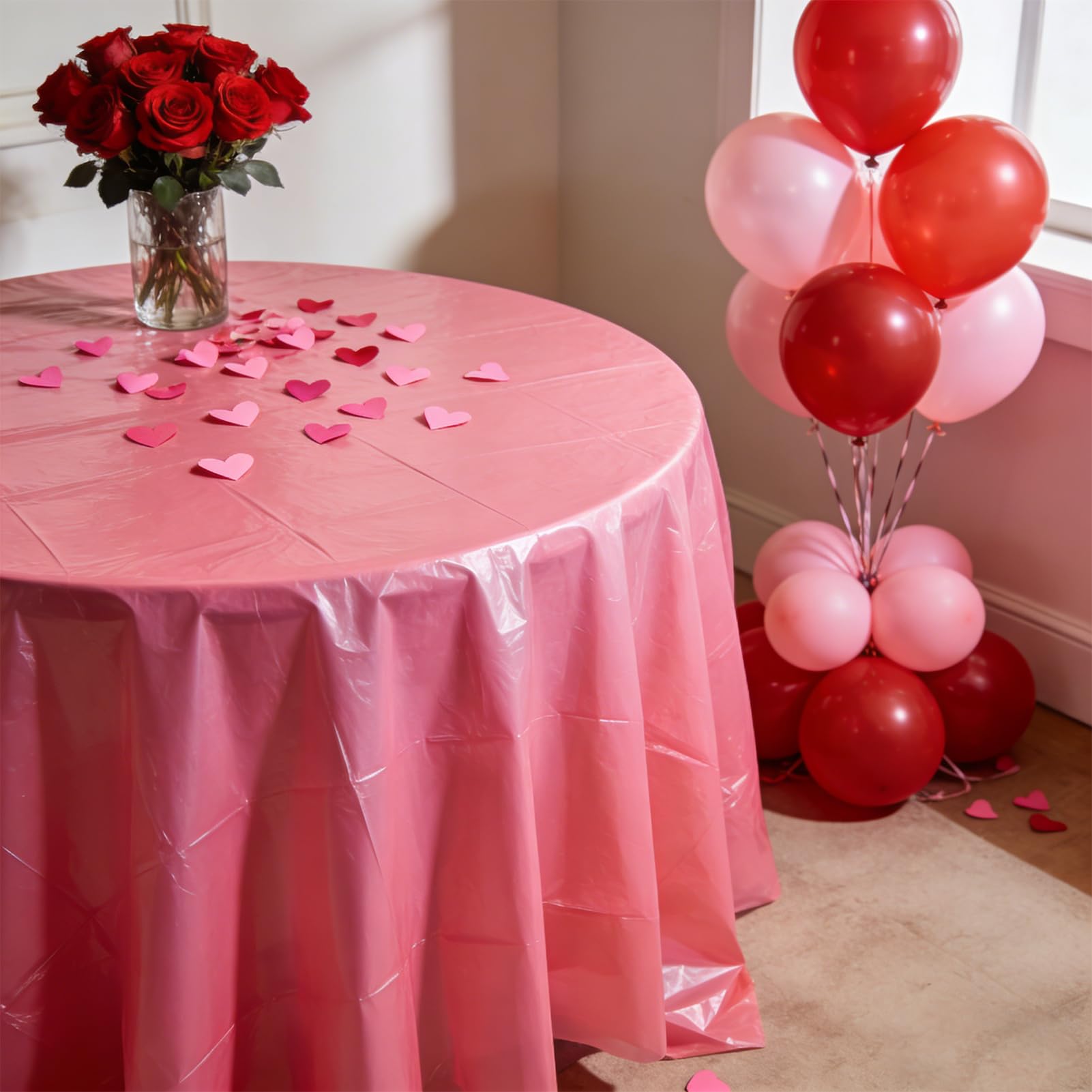 CIEOVO 12 Pcs Valentine's Day Plastic Tablecloths, Disposable Round Red Pink Table Cover 84 Inch Waterproof Table Covers for Valentine's Day Family Wedding Birthday Bridal Shower Party Decorations