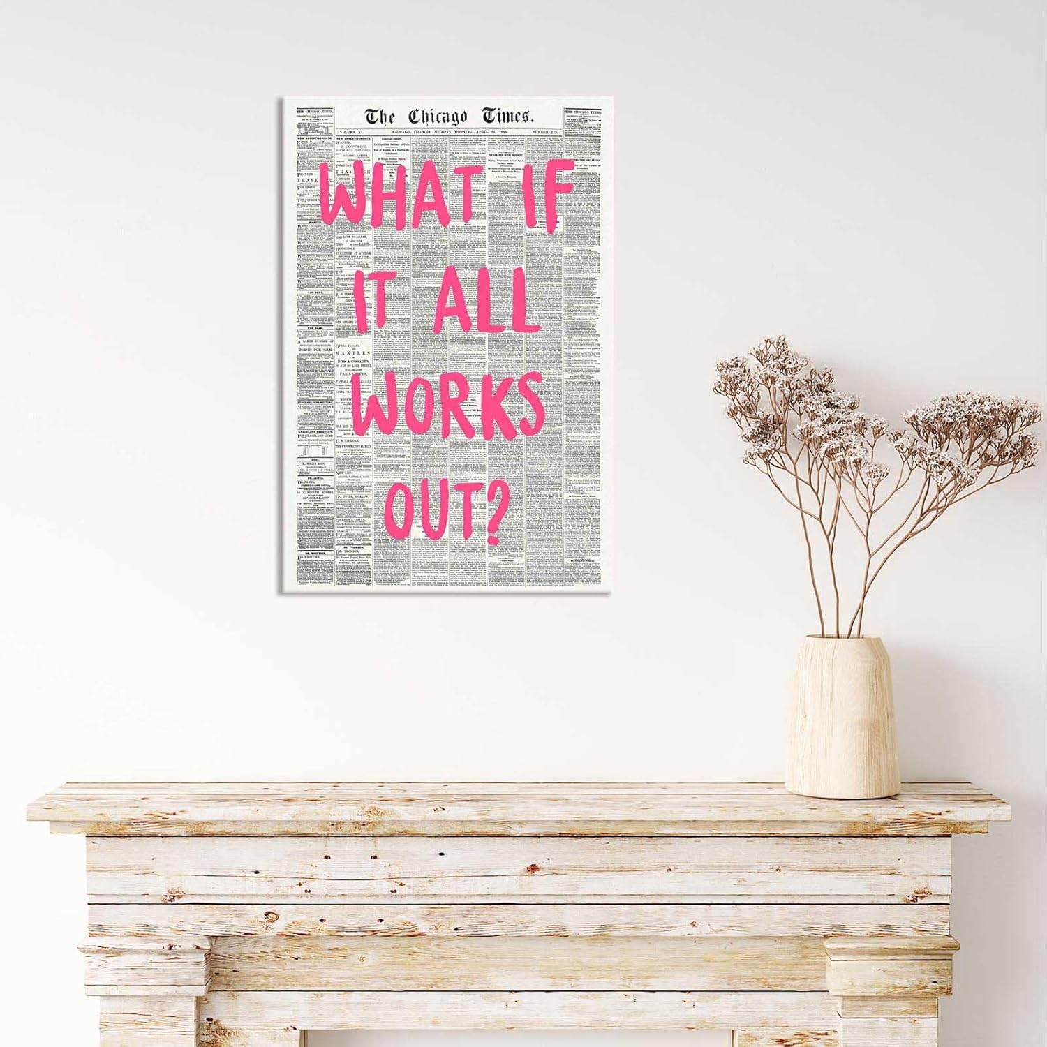 Retro Newspaper Poster by What If It All Works Out - Pink Font Canvas Wall Art | Positive Affirmation Decor 24x36in