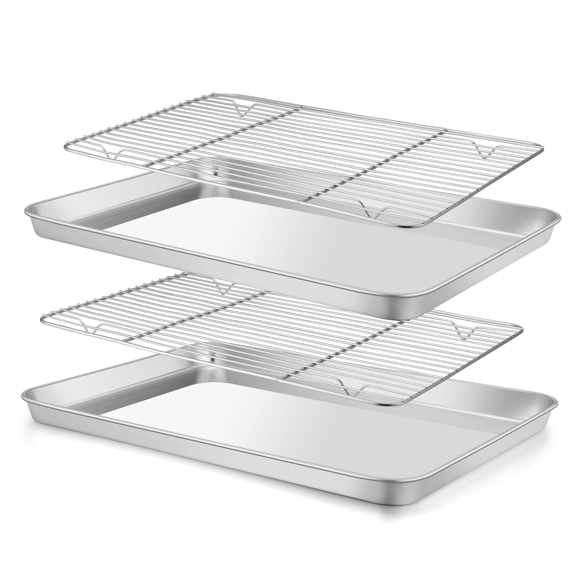 E-far Baking Sheet with Wire Rack (2 Pans + 2 Racks), Stainless Steel Cookie Sheets Pan & Cooling Rack for Baking Cookies/Jelly Rolls, Non Toxic & Heavy Duty, Oven & Dishwasher Safe, 16 x 12 x 1 Inch