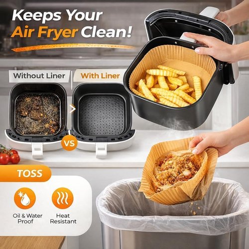 Disposable Air Fryer Parchment Liners - 50 Count Square Nonstick Inserts to Prevent Sticking & Grease