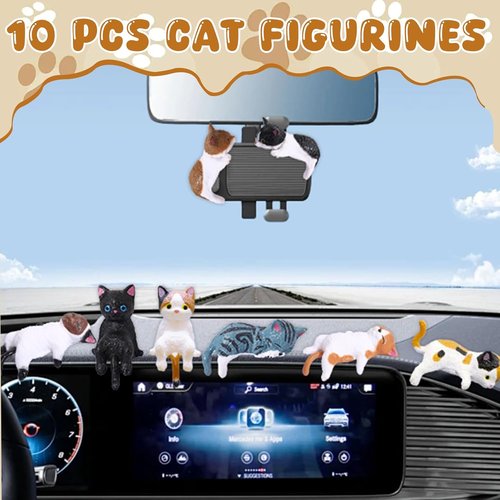 Exasinine Mini Cat Car Accessories - Cute Dashboard Decor & Funny Rear View Mirror Gift | 10 Pcs Set